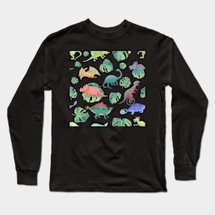 Dinosaurs in Exotic Jungle of Leaves Pattern Long Sleeve T-Shirt